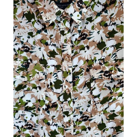 JONES NEW YORK L Shirt Button Up Long Roll Tab Sleeve Green Beige Satiny Bust 42 - Picture 6 of 8